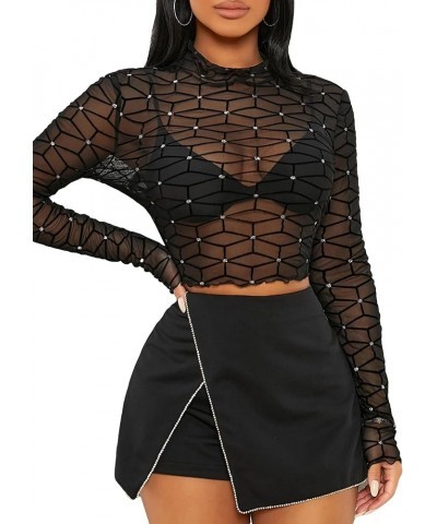 Women's Sexy Sheer Mesh Bodycon Shirts Solid Long Sleeve Slim Fitted Top Black Dot Geo $13.91 Blouses