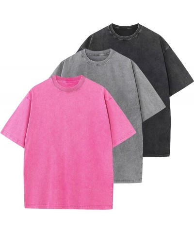 Men's Cotton T-Shirts Oversized Unisex Short Sleeves Casual Loose Wash Solid Basic Tee Tops A-pink+grey+black $23.52 T-Shirts