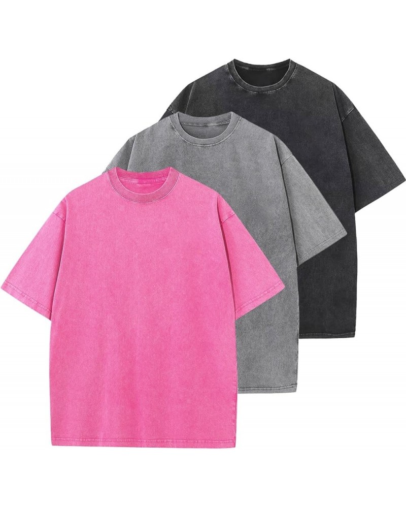 Men's Cotton T-Shirts Oversized Unisex Short Sleeves Casual Loose Wash Solid Basic Tee Tops A-pink+grey+black $23.52 T-Shirts