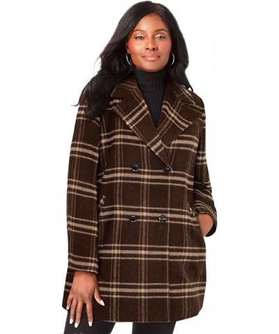 Women's Plus Size A-Line Wool Peacoat Chocolate Window Plaid $61.78 Coats