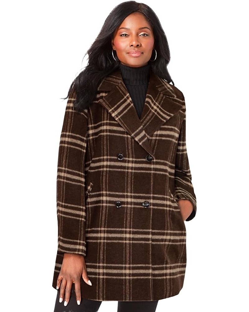 Women's Plus Size A-Line Wool Peacoat Chocolate Window Plaid $61.78 Coats