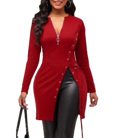 Sexy Sweaters for Women Long Sleeve Tunics Zip Up Ribbed Tops Knit Side Split Asymmetrical Blouse Top Red11578 $12.06 Tops