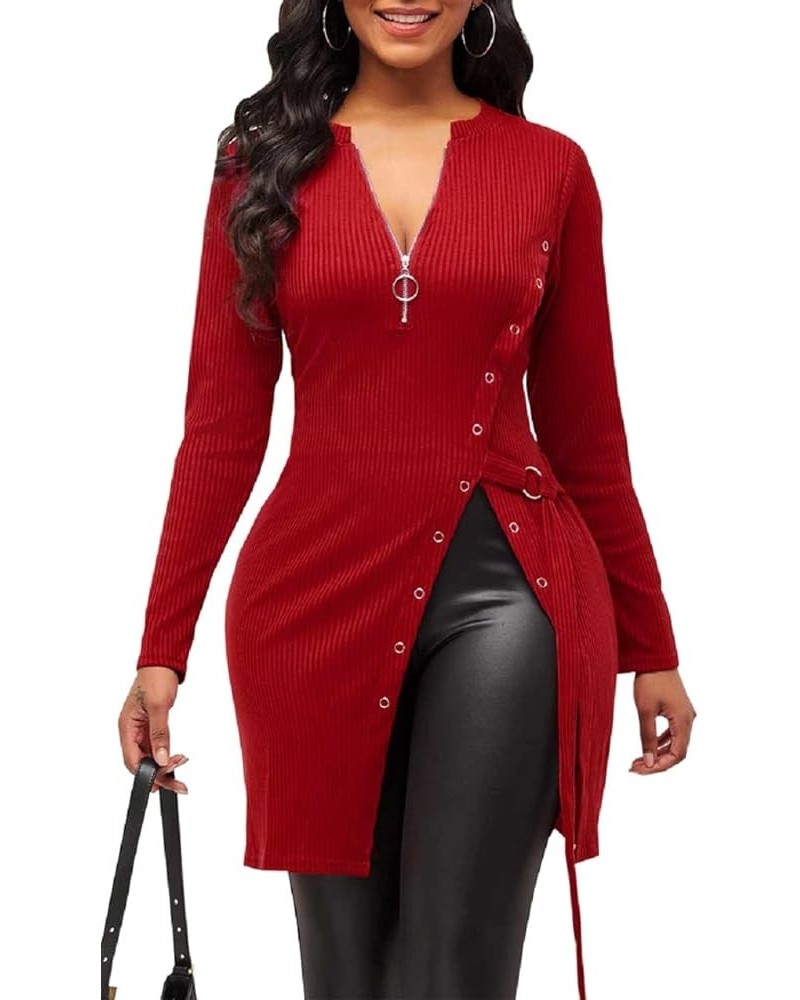 Sexy Sweaters for Women Long Sleeve Tunics Zip Up Ribbed Tops Knit Side Split Asymmetrical Blouse Top Red11578 $12.06 Tops