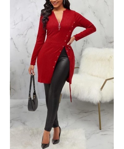 Sexy Sweaters for Women Long Sleeve Tunics Zip Up Ribbed Tops Knit Side Split Asymmetrical Blouse Top Red11578 $12.06 Tops