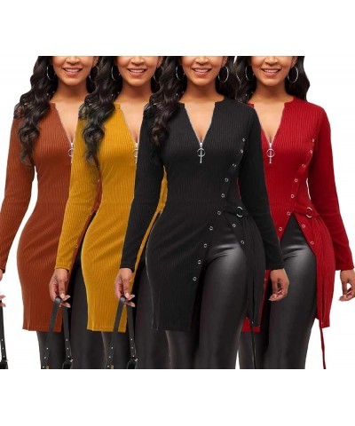 Sexy Sweaters for Women Long Sleeve Tunics Zip Up Ribbed Tops Knit Side Split Asymmetrical Blouse Top Red11578 $12.06 Tops