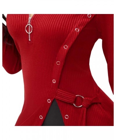 Sexy Sweaters for Women Long Sleeve Tunics Zip Up Ribbed Tops Knit Side Split Asymmetrical Blouse Top Red11578 $12.06 Tops