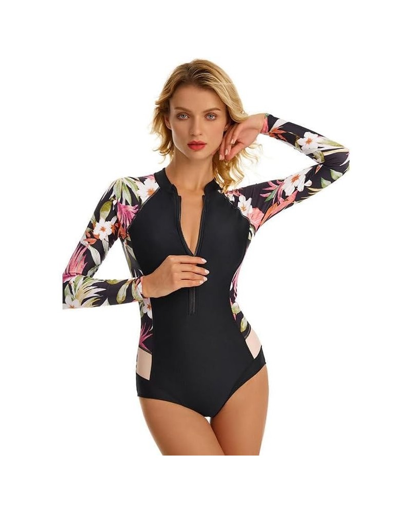 Women Long Sleeve Rash Guard Swimsuit, Printed Zipper One Piece Bathing Suit UPF 50+ Surfing Swimwear 72011-bk $14.49 Swimsuits