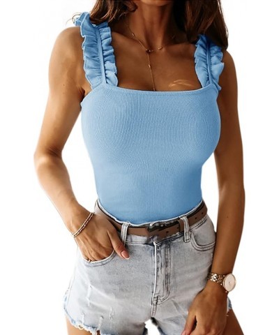 Women's Square Neck Ruffle Strap Stretchy Ribbed Basic Cami Bodysuit Jumpsuits Sky Blue $13.49 Bodysuits