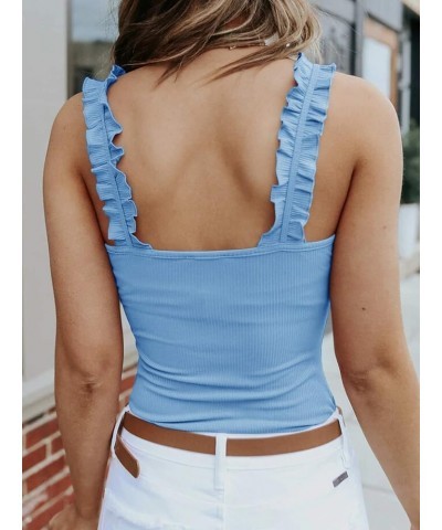 Women's Square Neck Ruffle Strap Stretchy Ribbed Basic Cami Bodysuit Jumpsuits Sky Blue $13.49 Bodysuits