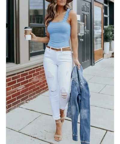 Women's Square Neck Ruffle Strap Stretchy Ribbed Basic Cami Bodysuit Jumpsuits Sky Blue $13.49 Bodysuits