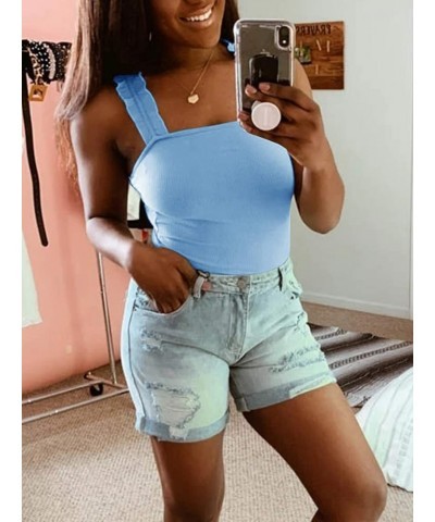 Women's Square Neck Ruffle Strap Stretchy Ribbed Basic Cami Bodysuit Jumpsuits Sky Blue $13.49 Bodysuits