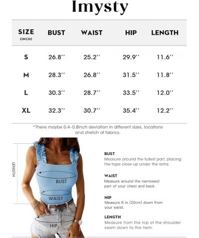 Women's Square Neck Ruffle Strap Stretchy Ribbed Basic Cami Bodysuit Jumpsuits Sky Blue $13.49 Bodysuits