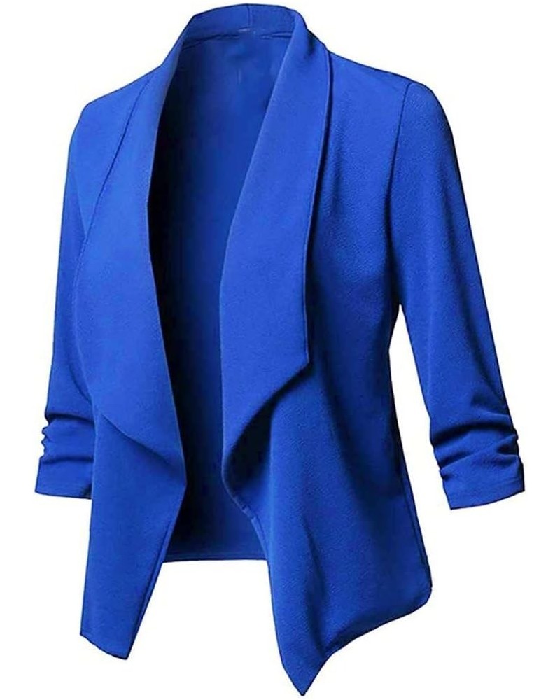 Casual Blazers for Women Three Quarter Sleeve Collared Cardigan Open Front Plain Jacket Lapel Coat Plus Size Elegant Fall Blu...