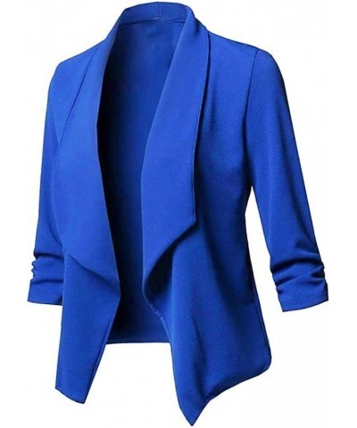 Casual Blazers for Women Three Quarter Sleeve Collared Cardigan Open Front Plain Jacket Lapel Coat Plus Size Elegant Fall Blu...