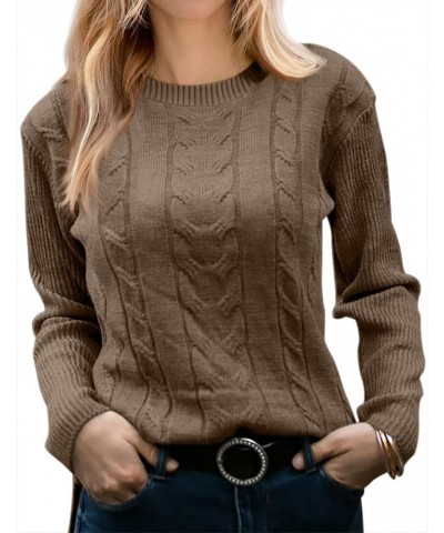 Women's Crewneck Sweater Casual Long Sleeve Solid Color Cable Knit Chunky Pullover Sweater Soft Jumper Tops Brown $14.61 Swea...