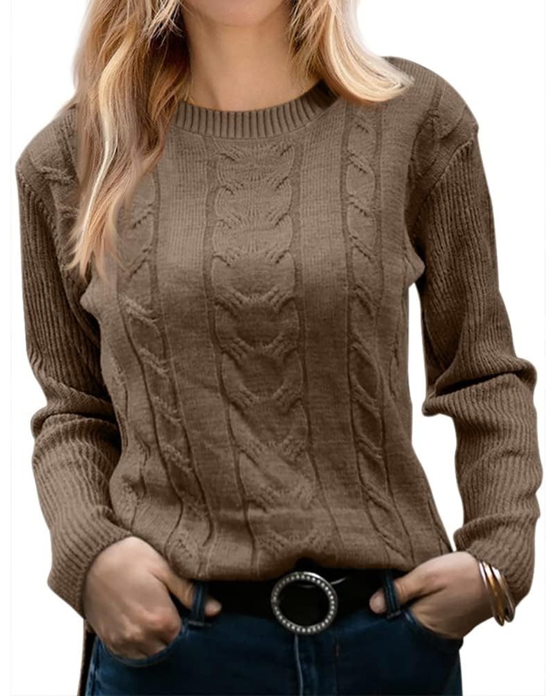 Women's Crewneck Sweater Casual Long Sleeve Solid Color Cable Knit Chunky Pullover Sweater Soft Jumper Tops Brown $14.61 Swea...