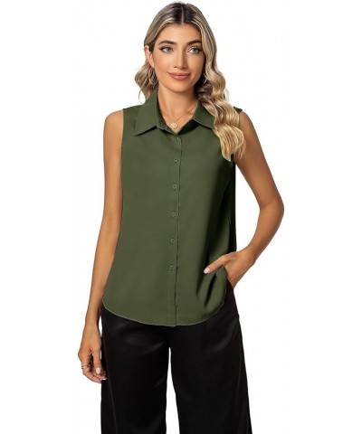 Women's Sleeveless Button Down Shirt Basic Solid Collared Work Blouse Army Green $10.50 Blouses