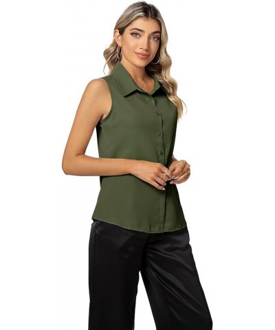 Women's Sleeveless Button Down Shirt Basic Solid Collared Work Blouse Army Green $10.50 Blouses