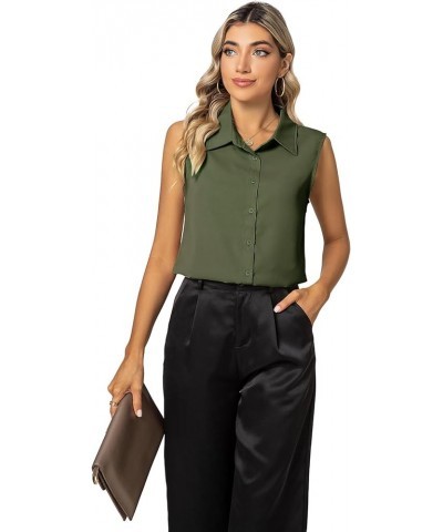 Women's Sleeveless Button Down Shirt Basic Solid Collared Work Blouse Army Green $10.50 Blouses