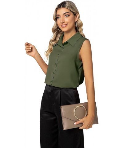 Women's Sleeveless Button Down Shirt Basic Solid Collared Work Blouse Army Green $10.50 Blouses