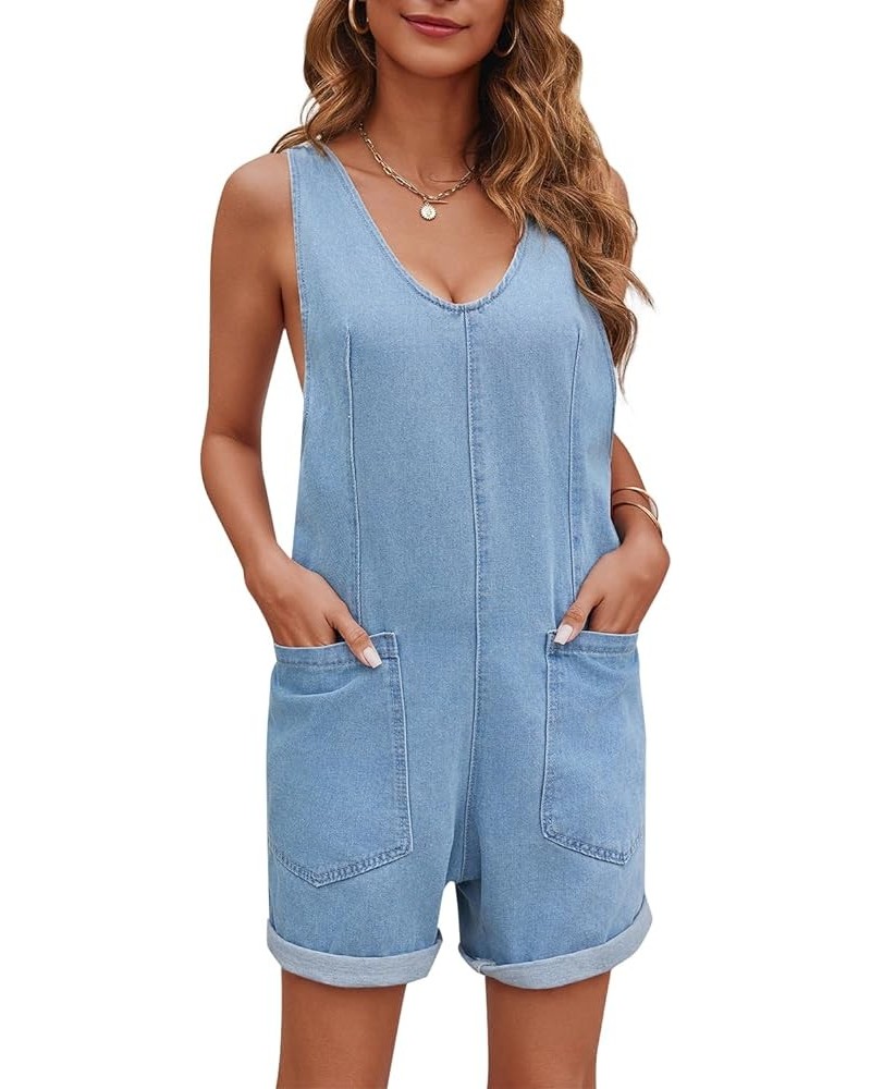 Womens High Roller Shortall Denim Romper Casual Sleeveless Loose Jeans Overalls Shorts Jumpsuits with Pockets Light Blue $20....