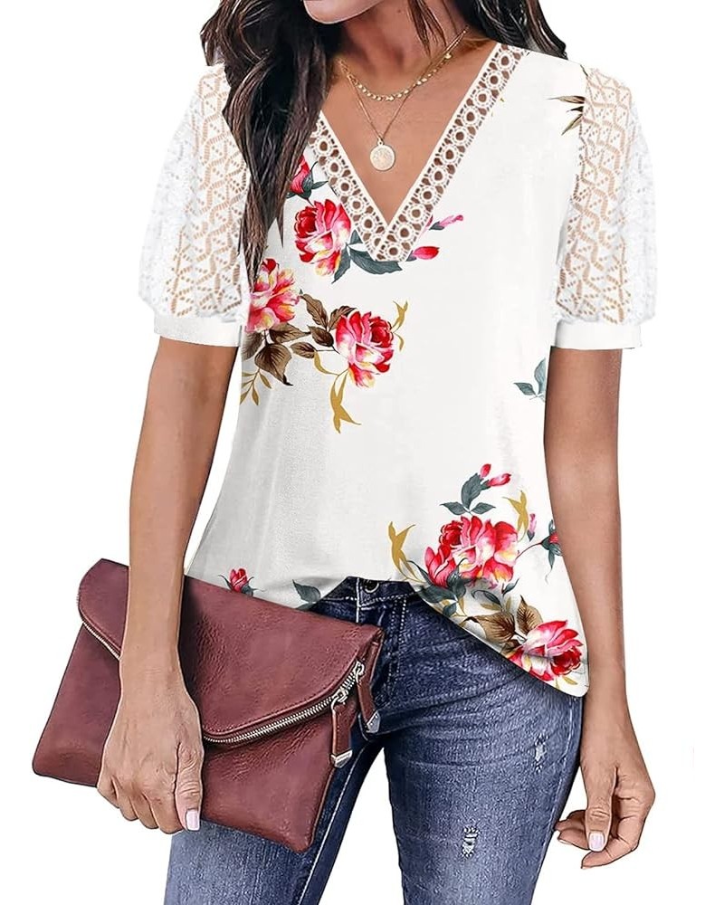 Womens Tops 2023 Trendy Summer Shirts Hollow Lace Puff Short Sleeve V Neck Blouses B-print-2 $12.95 Blouses