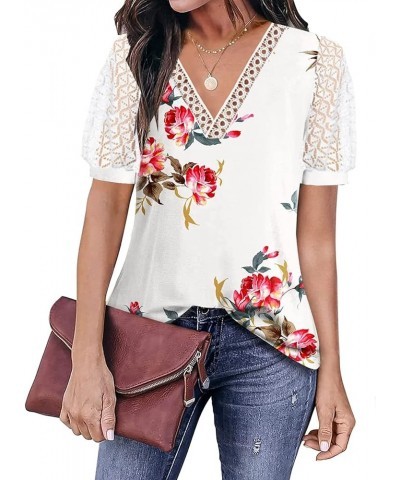 Womens Tops 2023 Trendy Summer Shirts Hollow Lace Puff Short Sleeve V Neck Blouses B-print-2 $12.95 Blouses