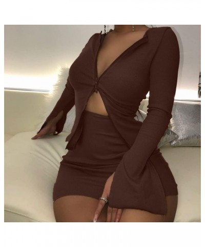 Ribbed Tops and Skirts Sets Double Zipper Tracksuits Women 2 Piece Outfits Clubwear Ladies's Suits Brown $15.30 Activewear