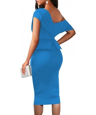 Women Elegant 2024 Sexy Off Shoulder Ruched Wedding Guest Bodycon Party Dresses 5513 Light Blue $21.60 Dresses