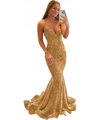 Mermaid Sequin Prom Dress with Train Sparkly Strapless V-Neck Backless Evening Formal Ball Gown Gold $37.79 Dresses