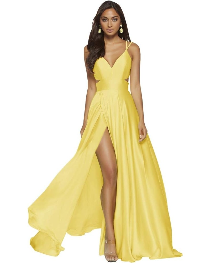 Spaghetti Straps Satin Prom Dresses for Teens Long Slit Formal Evening Dress with Pockets Yellow $34.85 Dresses