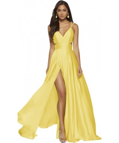 Spaghetti Straps Satin Prom Dresses for Teens Long Slit Formal Evening Dress with Pockets Yellow $34.85 Dresses