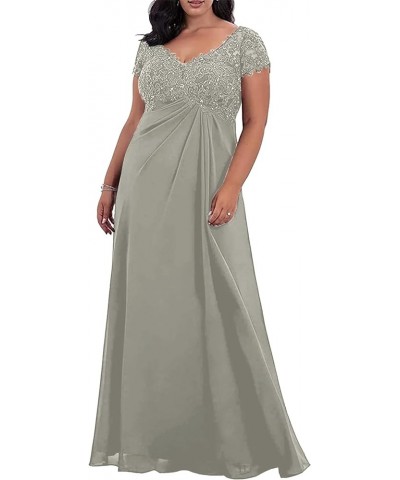 V-Neck Lace Mother of The Bride Dresses Short Sleeves Chiffon Applique Evening Formal Gowns for Women Silver $39.74 Dresses