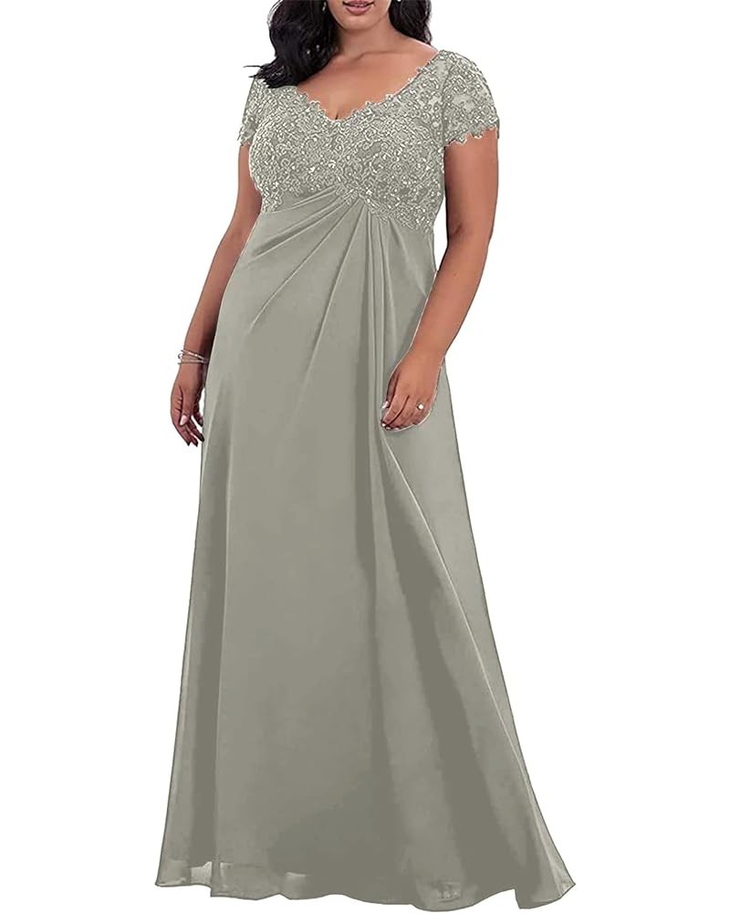 V-Neck Lace Mother of The Bride Dresses Short Sleeves Chiffon Applique Evening Formal Gowns for Women Silver $39.74 Dresses