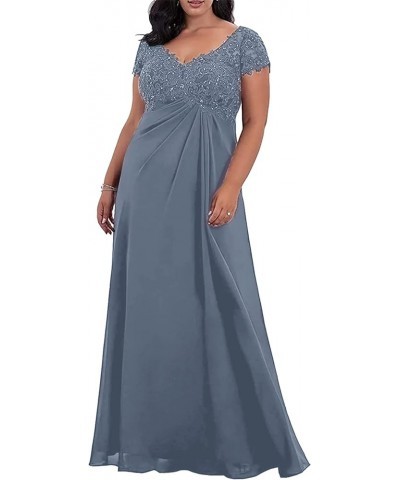 V-Neck Lace Mother of The Bride Dresses Short Sleeves Chiffon Applique Evening Formal Gowns for Women Silver $39.74 Dresses