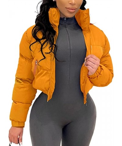 Women Winter Long Sleeve Full Zip Short Puffer Jacket Cropped Down Coat Orange $20.91 Jackets