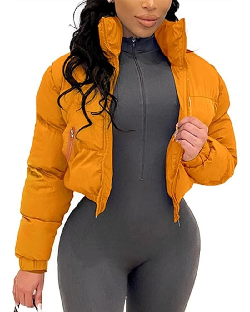 Women Winter Long Sleeve Full Zip Short Puffer Jacket Cropped Down Coat Orange $20.91 Jackets