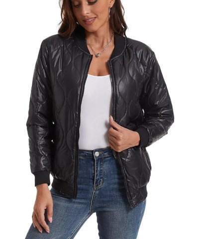 Women's Diamond Quilted Jacket Lightweight Windproof Zip Up Casual Bomber Jacket With Pockets Le-black $20.04 Jackets