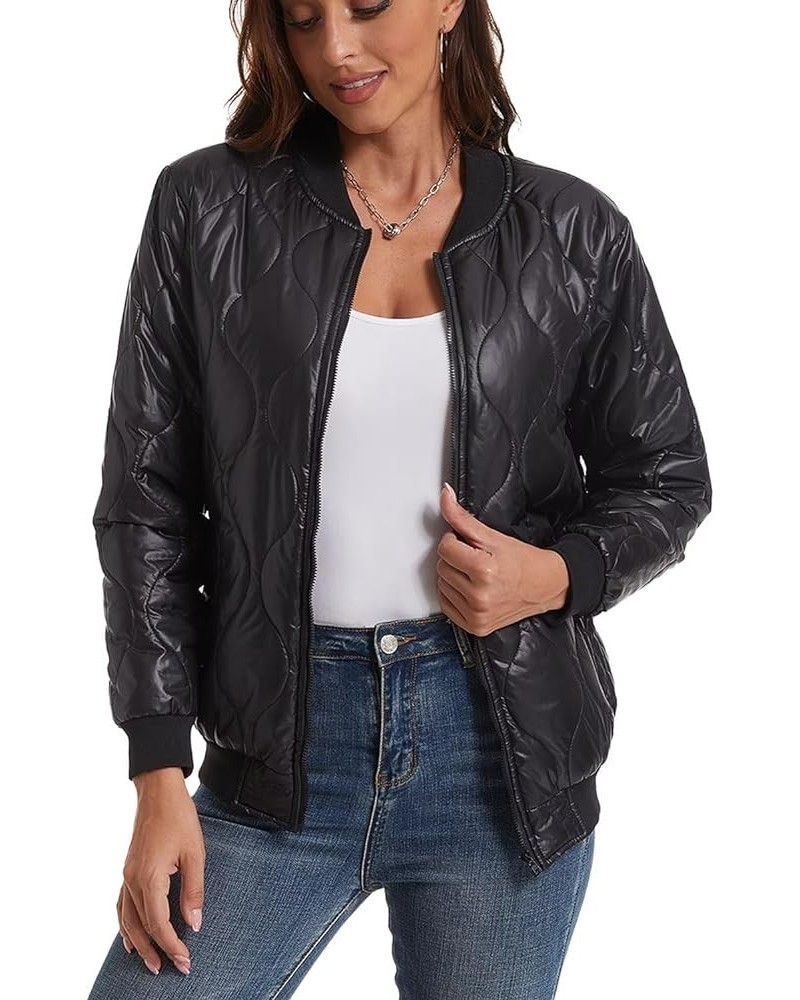 Women's Diamond Quilted Jacket Lightweight Windproof Zip Up Casual Bomber Jacket With Pockets Le-black $20.04 Jackets