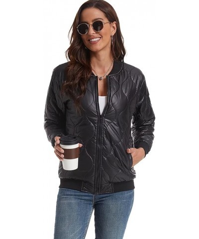 Women's Diamond Quilted Jacket Lightweight Windproof Zip Up Casual Bomber Jacket With Pockets Le-black $20.04 Jackets