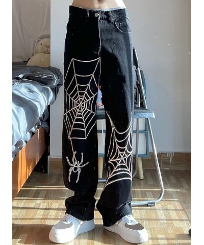 Women Low Waist Ripped Jeans Y2K Wide Leg Baggy Cargo Jeans Vintage Printed Grunge Denim Pants Trendy Streetwear K-spider Web...