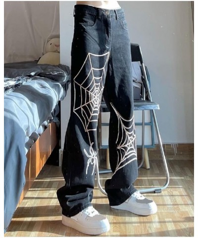 Women Low Waist Ripped Jeans Y2K Wide Leg Baggy Cargo Jeans Vintage Printed Grunge Denim Pants Trendy Streetwear K-spider Web...