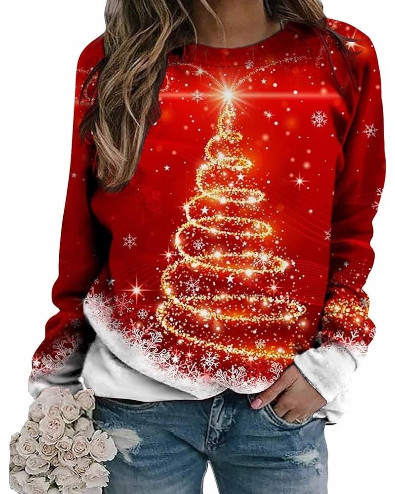 Women's Christmas Crewneck Sweatshirt Casual Fashion Print Long Sleeve O Neck Pullover Top Blouse Sweatshirt 3-hot Pink $10.1...