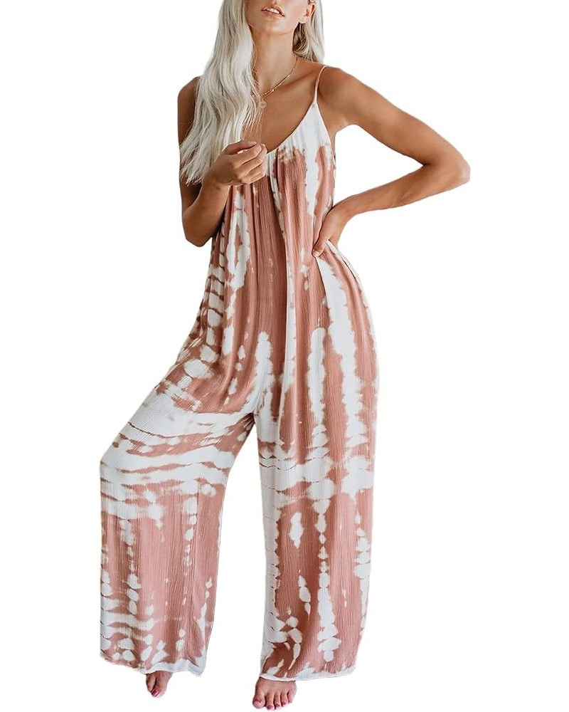 Womens Casual Jumpsuits Comfy Summer Rompers Spaghetti Strap Beach Travel Outfits with Pockets Tie Dye Pink $18.28 Jumpsuits