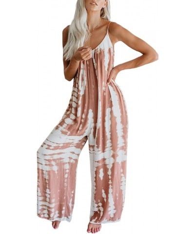 Womens Casual Jumpsuits Comfy Summer Rompers Spaghetti Strap Beach Travel Outfits with Pockets Tie Dye Pink $18.28 Jumpsuits