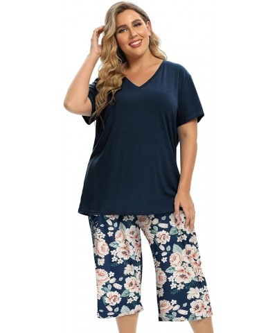 Women's Pajamas Set Soft V Neck Sleepwear Top and Capri Pj Lounge Sets Cartoon Heart Shape Cat Nighty Plus Size Multiflorals ...