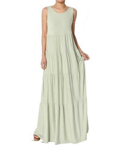 S~3X Sleeveless Scoop Neck Tiered Jersey Relaxed Fit Long Maxi Dress Light Sage $20.87 Dresses