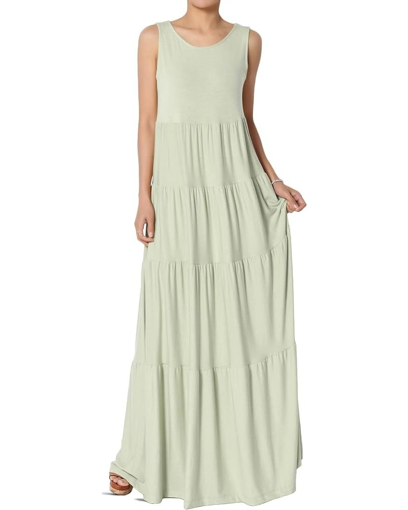 S~3X Sleeveless Scoop Neck Tiered Jersey Relaxed Fit Long Maxi Dress Light Sage $20.87 Dresses