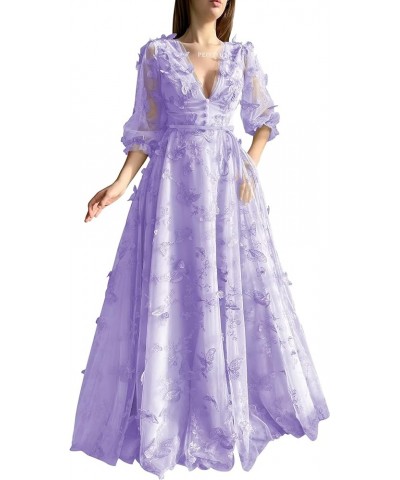 Long Sleeve Prom Dress 3D Butterfly Tulle Ball Gown for Women 2024 V Neck Puffy Formal Evening Gowns with Pockets Lavender $4...