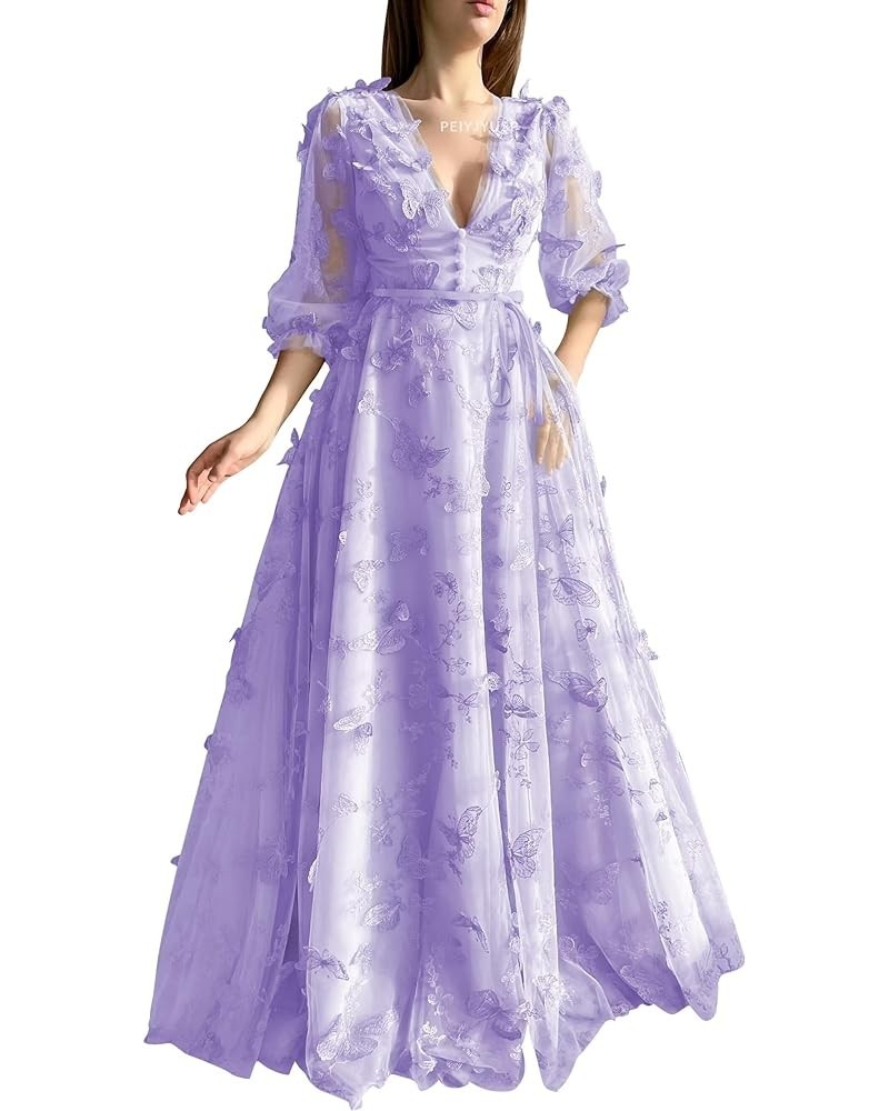 Long Sleeve Prom Dress 3D Butterfly Tulle Ball Gown for Women 2024 V Neck Puffy Formal Evening Gowns with Pockets Lavender $4...